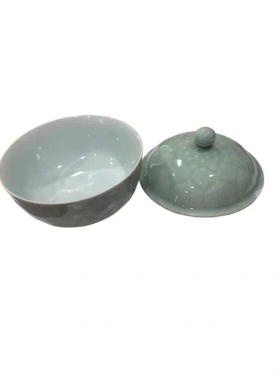 Longquan Dombed Covered Soup Rice Bowl Lotus Petal Celadon Koi Collection 5inch - Picture 3 of 7
